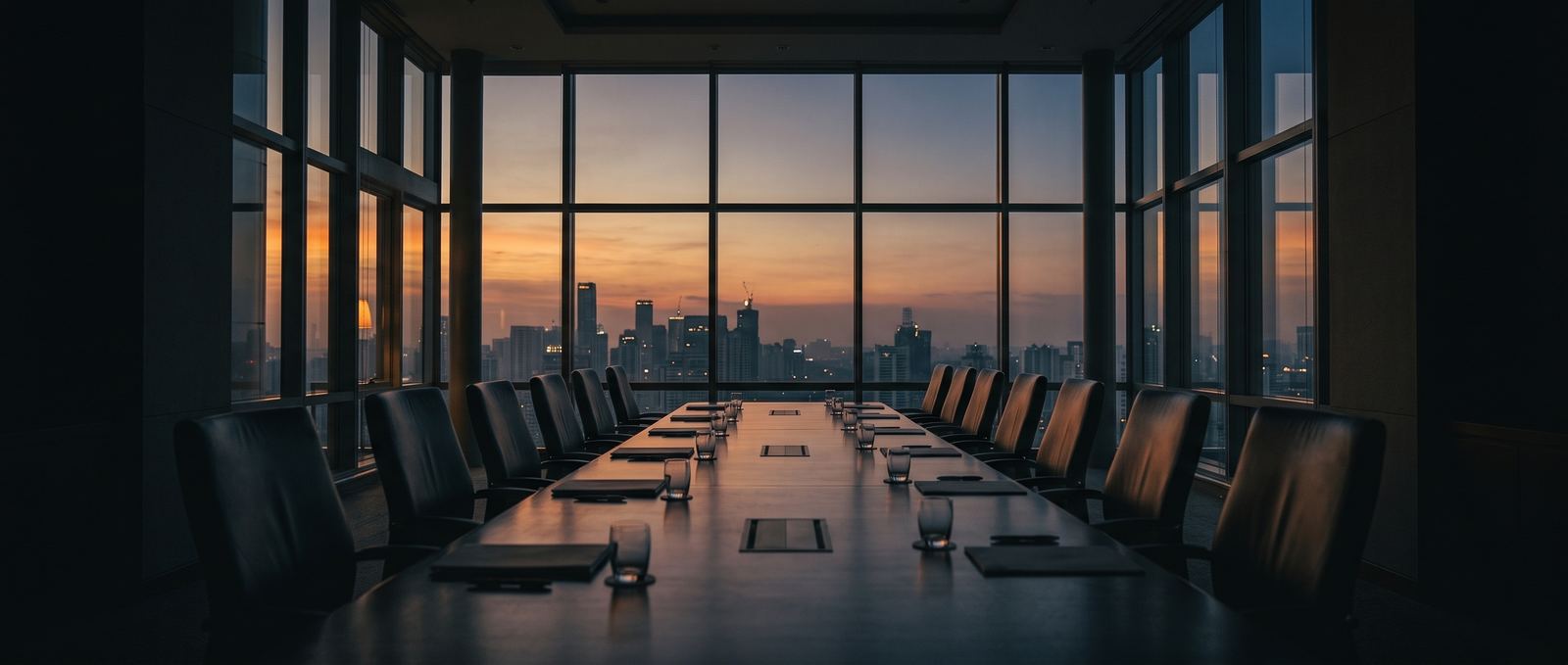 A long boardroom table facing floor-to-ceiling windows at dusk